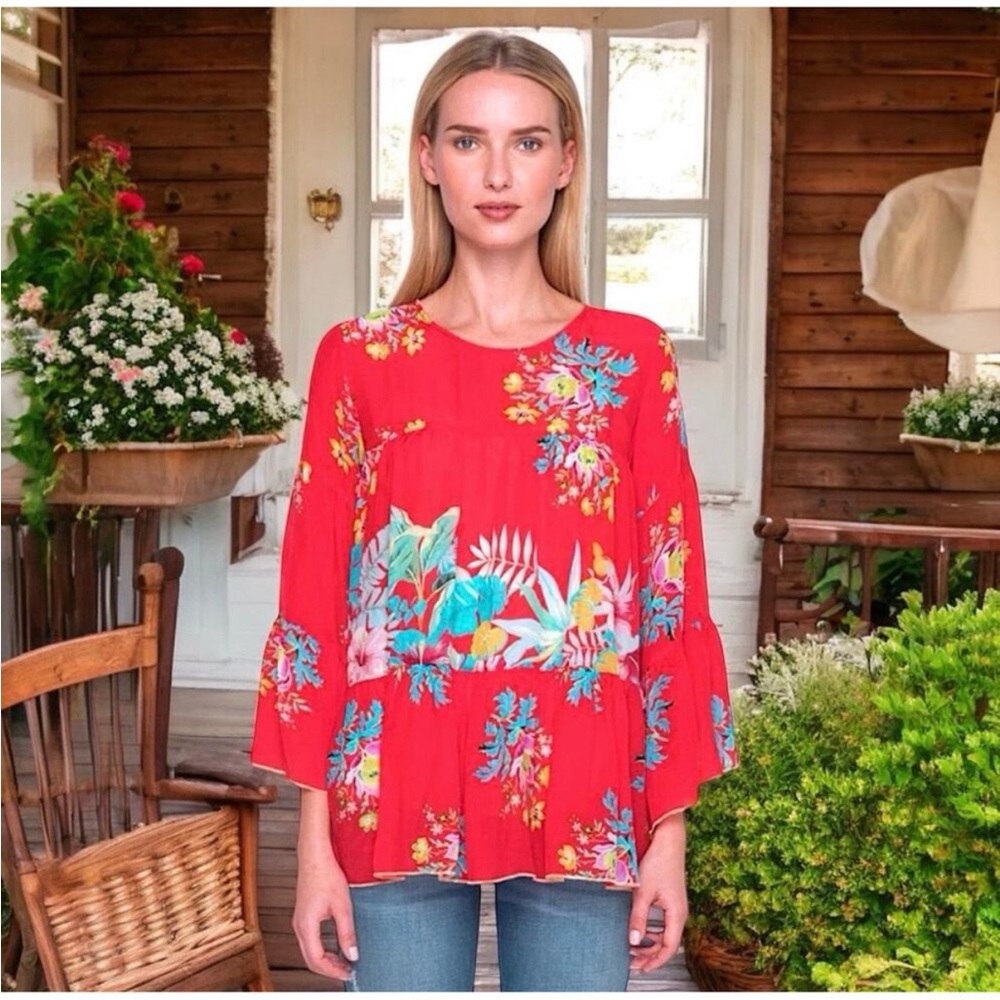 Johnny Was Peonies 3/4 Bell Sleeve Tiered Bright Floral Blouse/Top Size Medium